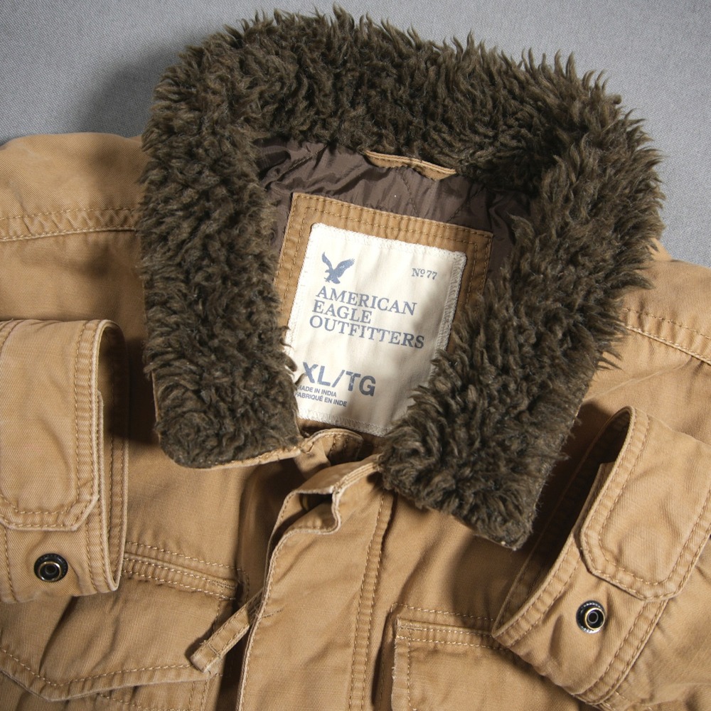 Y2K Faux Fur Collar Quilted Canvas American Eagle Men Jacket XL Trucker Barn